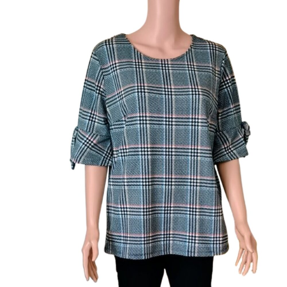 Jules and Leopold Tartan Plaid Top L Black Red 3/4 Flare Tie Sleeve Blouse
